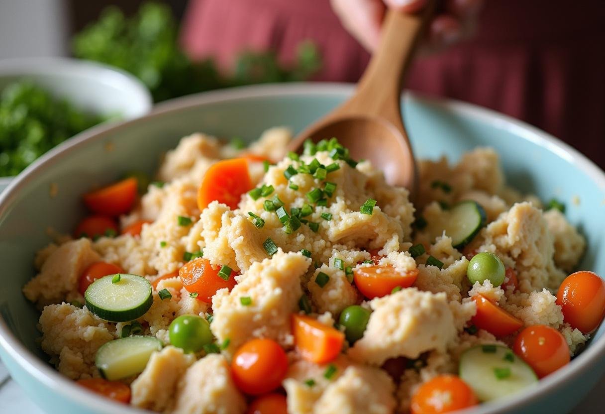 Mistura de frango, maionese e legumes sendo combinados para o salpicão.