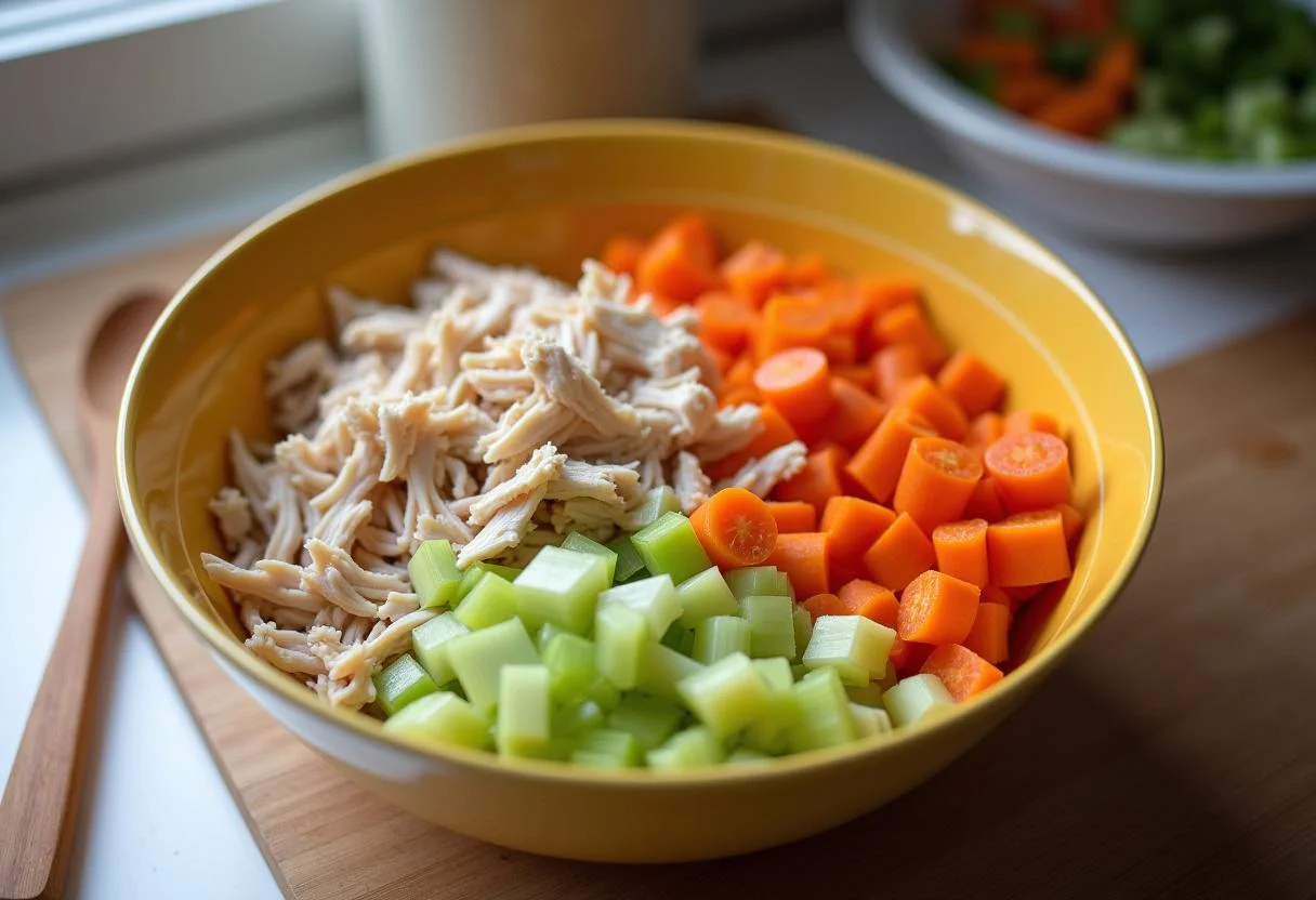 Ingredientes do Salpicão de Frango, incluindo frango desfiado, cenoura em cubos e aipo picado.
