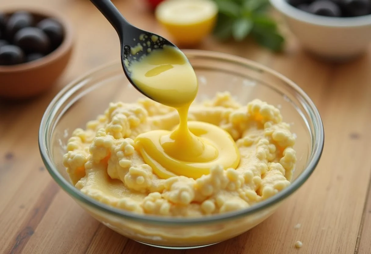 Maionese sendo adicionada ao Salpicão de Frango para dar cremosidade.
