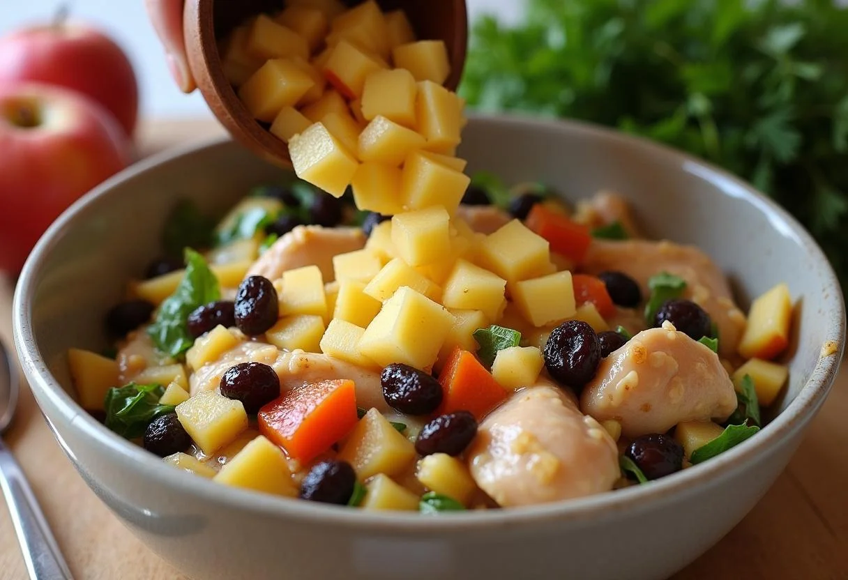 Maçãs picadas e passas sendo misturadas ao Salpicão de Frango para um toque refrescante.