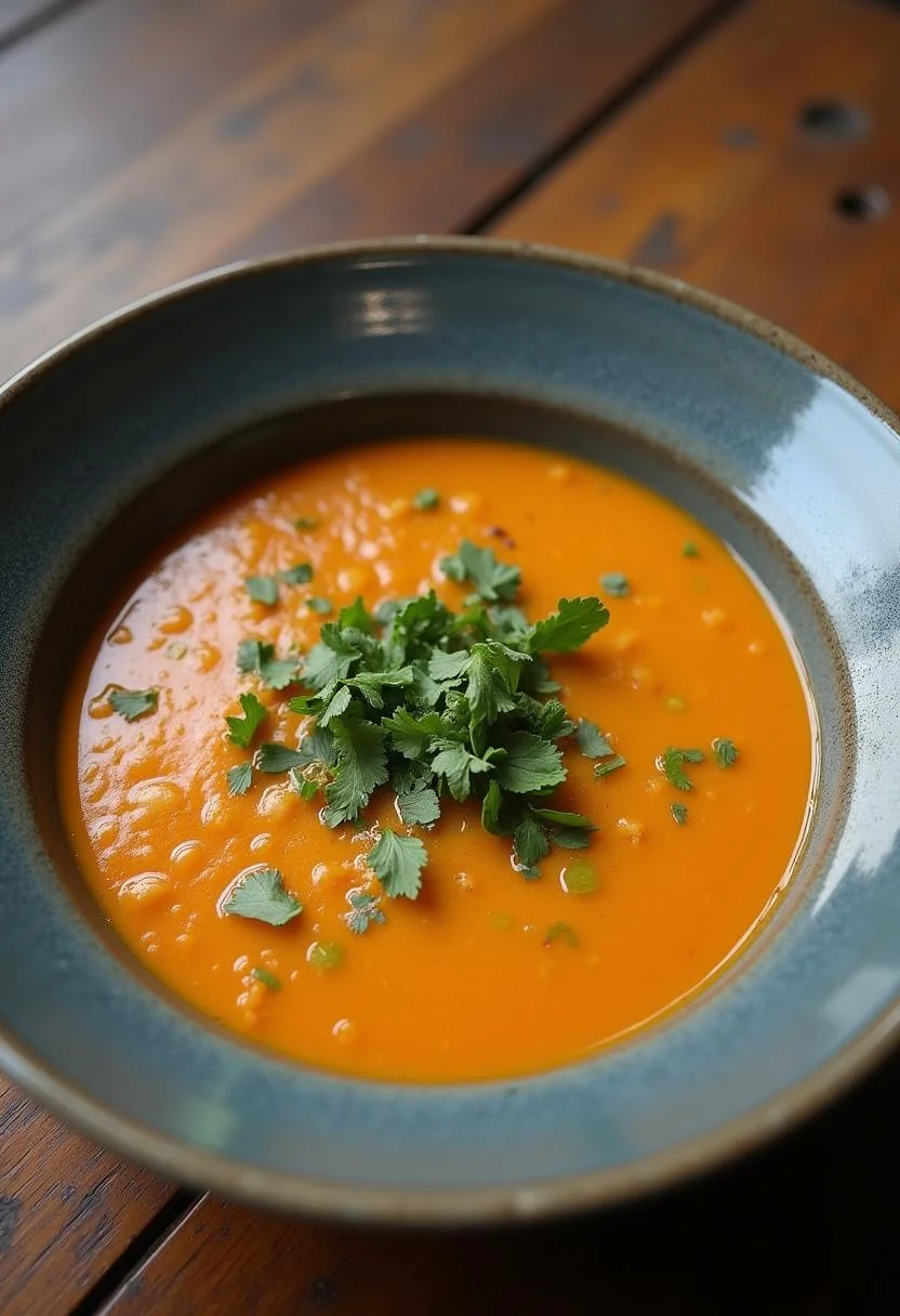 Sopa de mandioquinha nutritiva pronta para servir, decorada com ervas frescas e azeite.