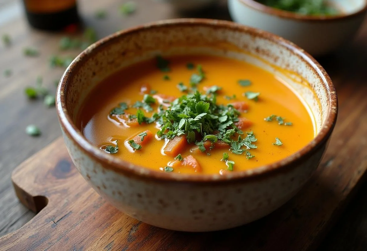 Sopa de mandioquinha nutritiva pronta para servir, decorada com ervas frescas e azeite.