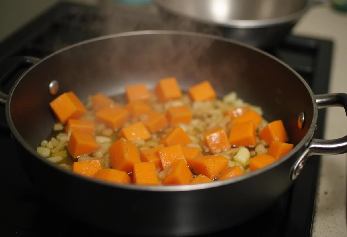 Preparação de sopa de mandioquinha nutritiva com mandioquinha, cebola e alho refogados em azeite.