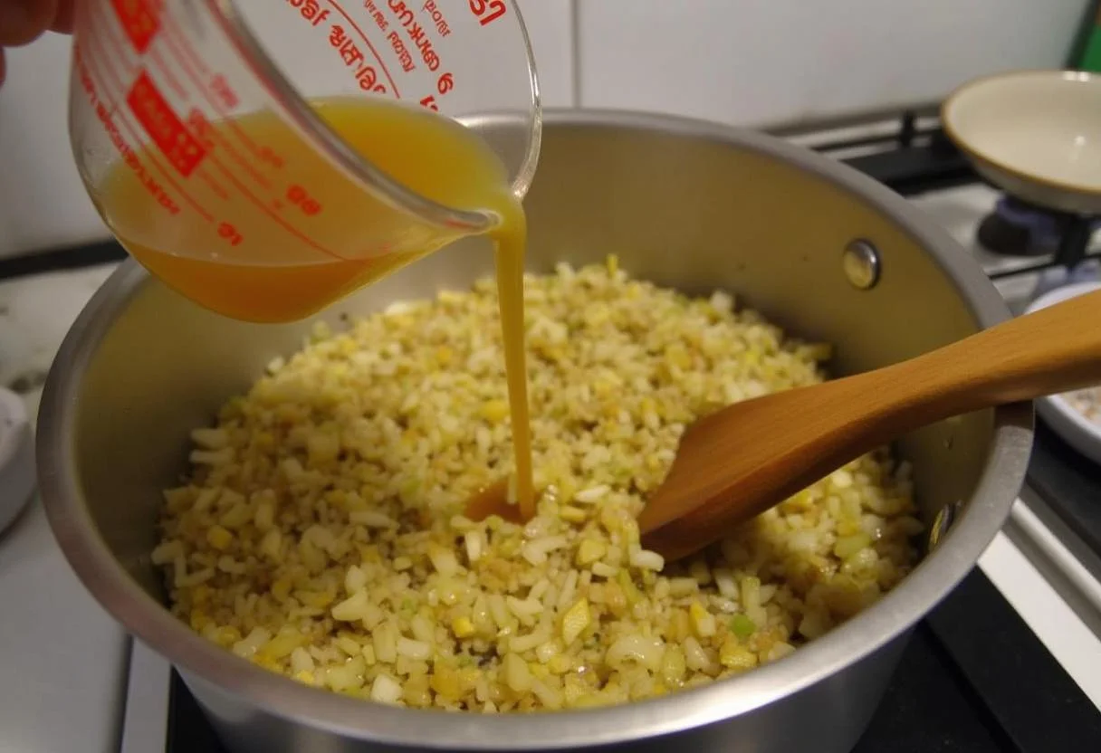 Acrescentando caldo de legumes na sopa de mandioquinha nutritiva para adicionar sabor.