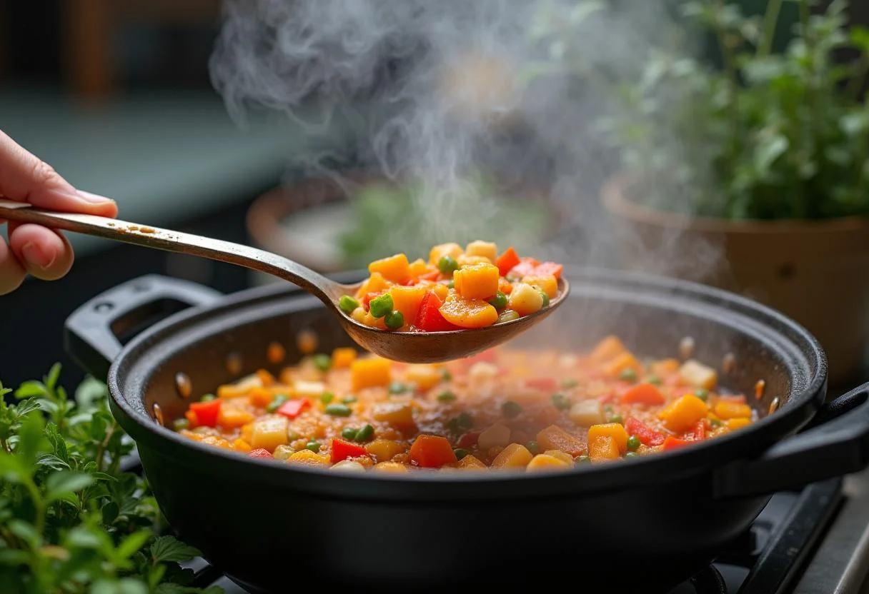 Mexendo a sopa de mandioquinha nutritiva, misturando ingredientes frescos e saudáveis.