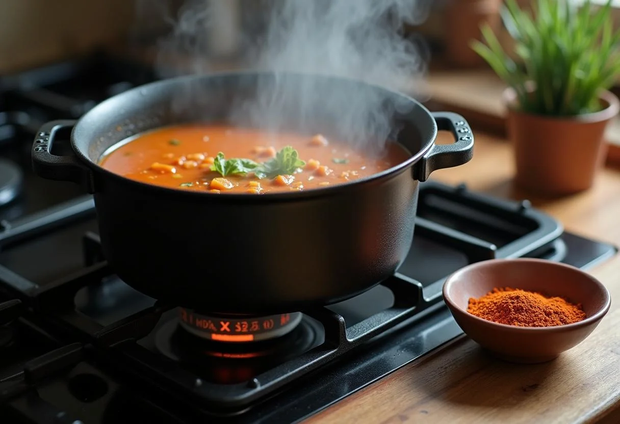 Sopa de mandioquinha nutritiva cozinhando no fogão, pronta para ser servida.