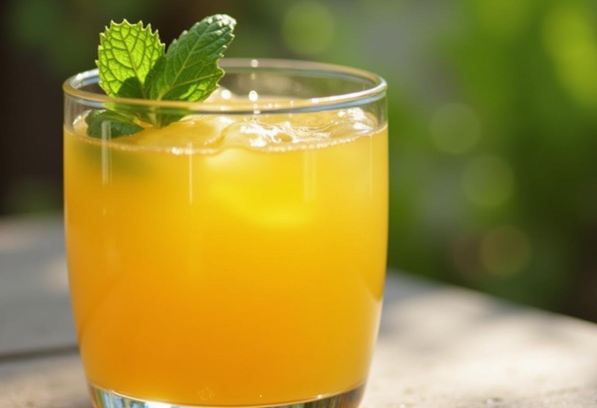 Suco de goiaba amarela natural finalizado, servido em um copo com gelo e folha de hortelã, perfeito para refrescar.