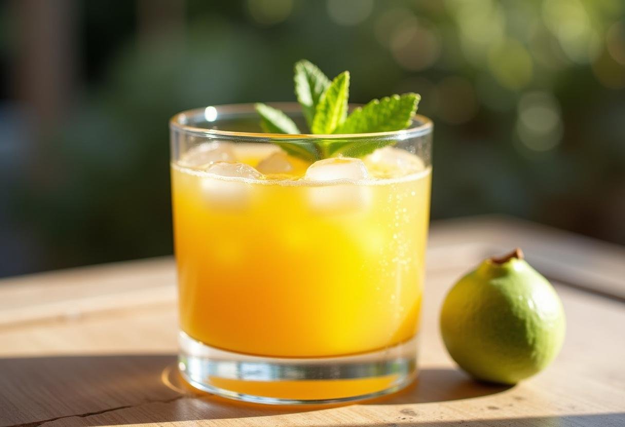 Suco de goiaba amarela natural finalizado, servido em um copo com gelo e folha de hortelã, perfeito para refrescar.