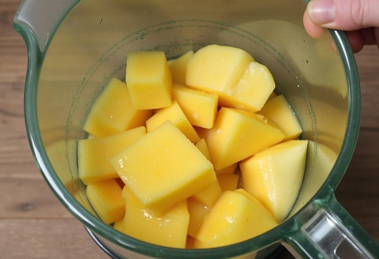 Blender with yellow guava chunks and water for preparing suco de goiaba amarela natural.