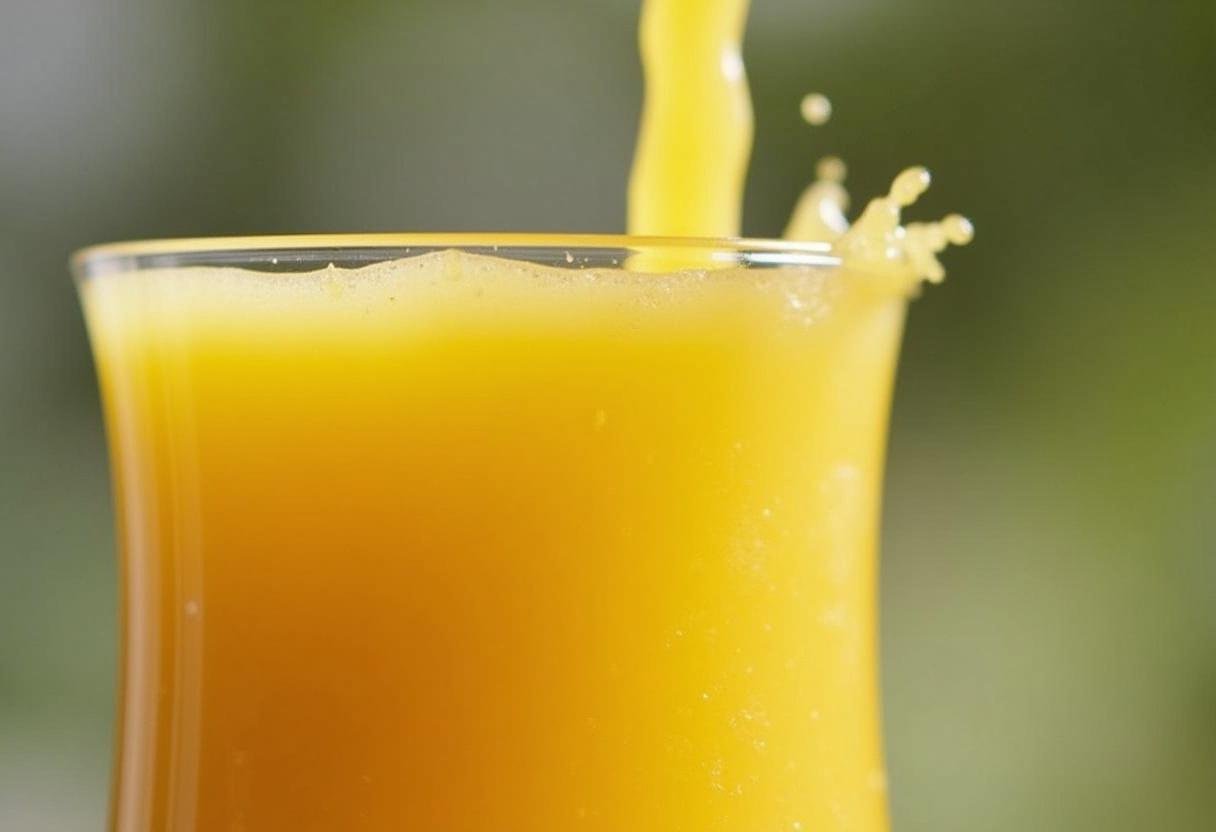 Suco de goiaba amarela sendo servido em um copo, mostrando sua cor vibrante e frescor.