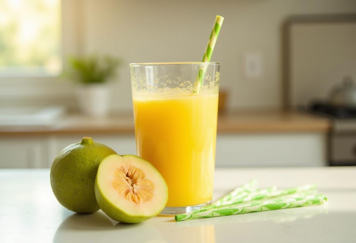 Copo de suco de goiaba amarela natural ao lado de uma fatia de goiaba, decorando uma mesa bonita.