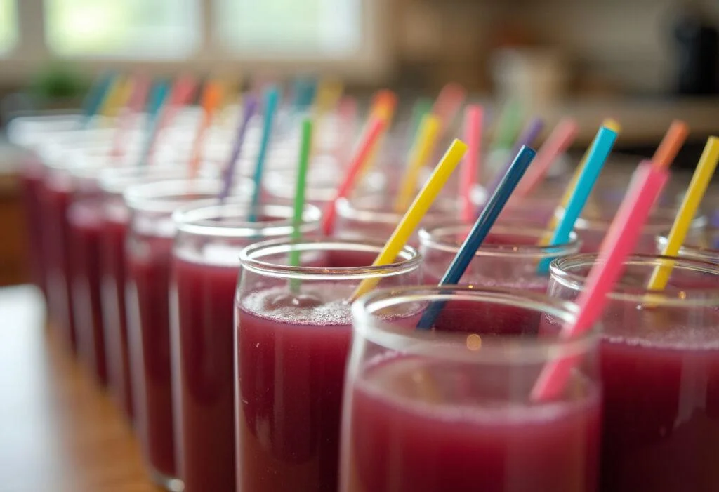 Caixinhas de suco de uva prontas para servir em uma mesa de cozinha.