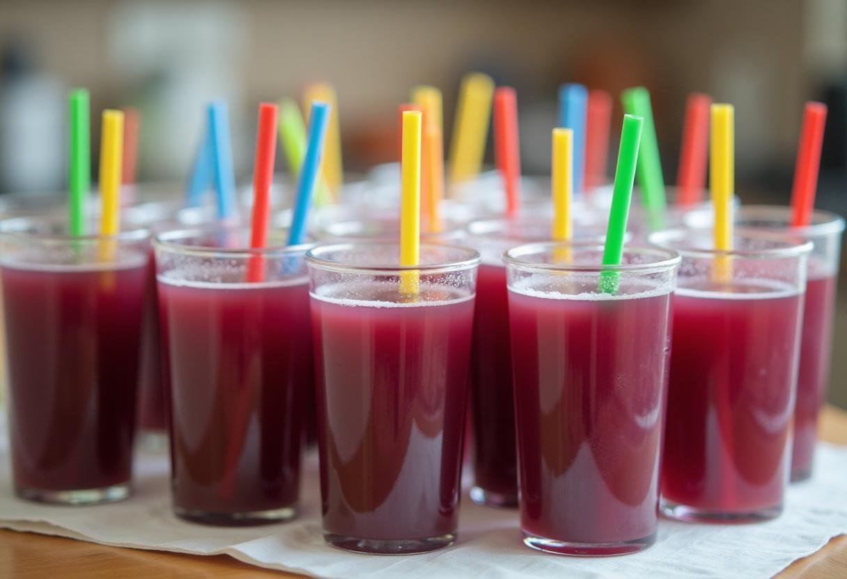 Caixinhas de suco de uva prontas para servir em uma mesa de cozinha.