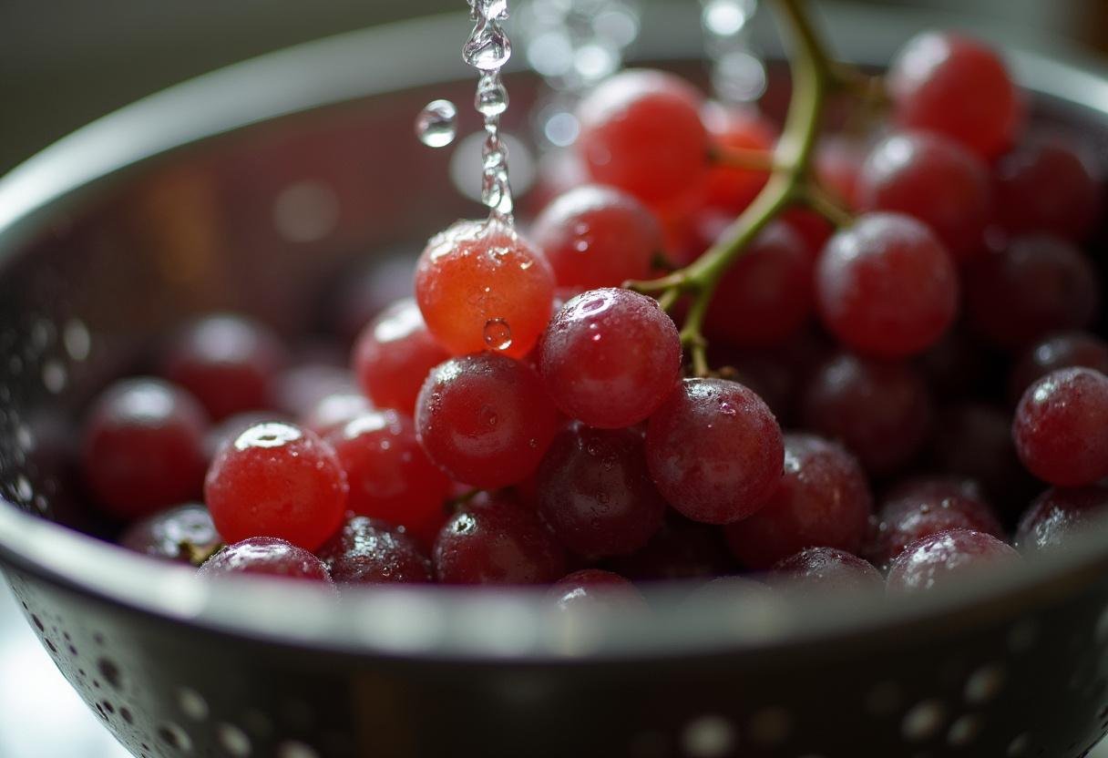 Uvas frescas sendo lavadas para fazer suco de uva em caixinha.
