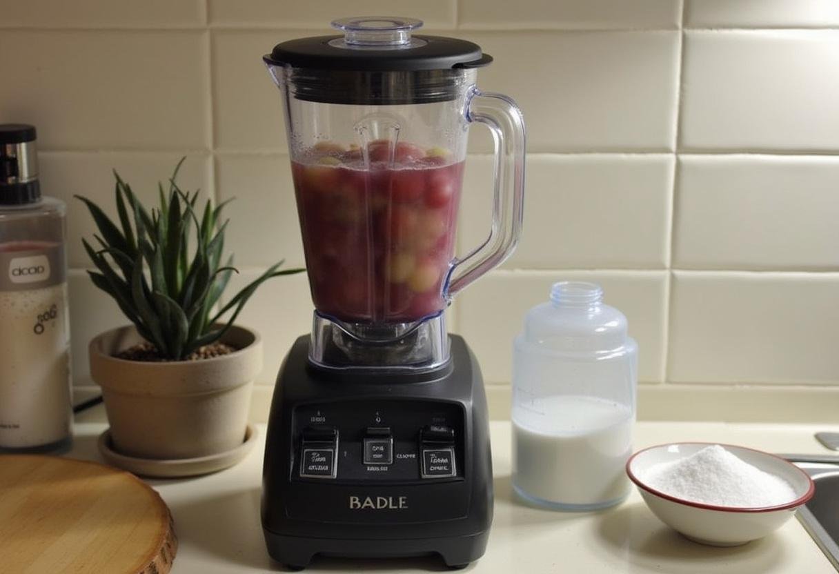 Mistura de uvas frescas e água no liquidificador para suco de uva caixinha.