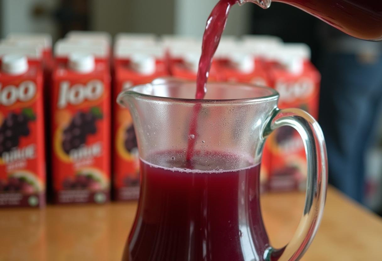 Preparando o suco de uva em caixinha em uma jarra.