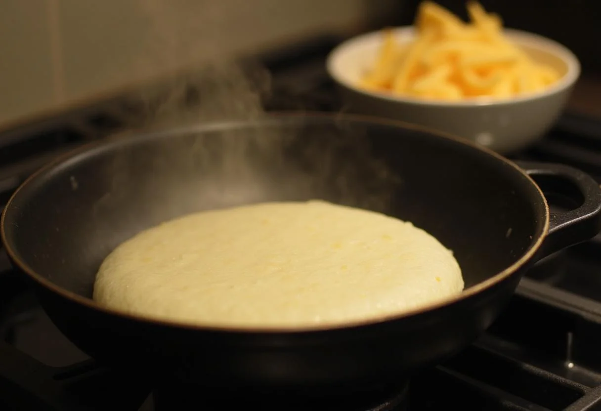Cozinhando a massa de tapioca na frigideira para rechear com queijo.