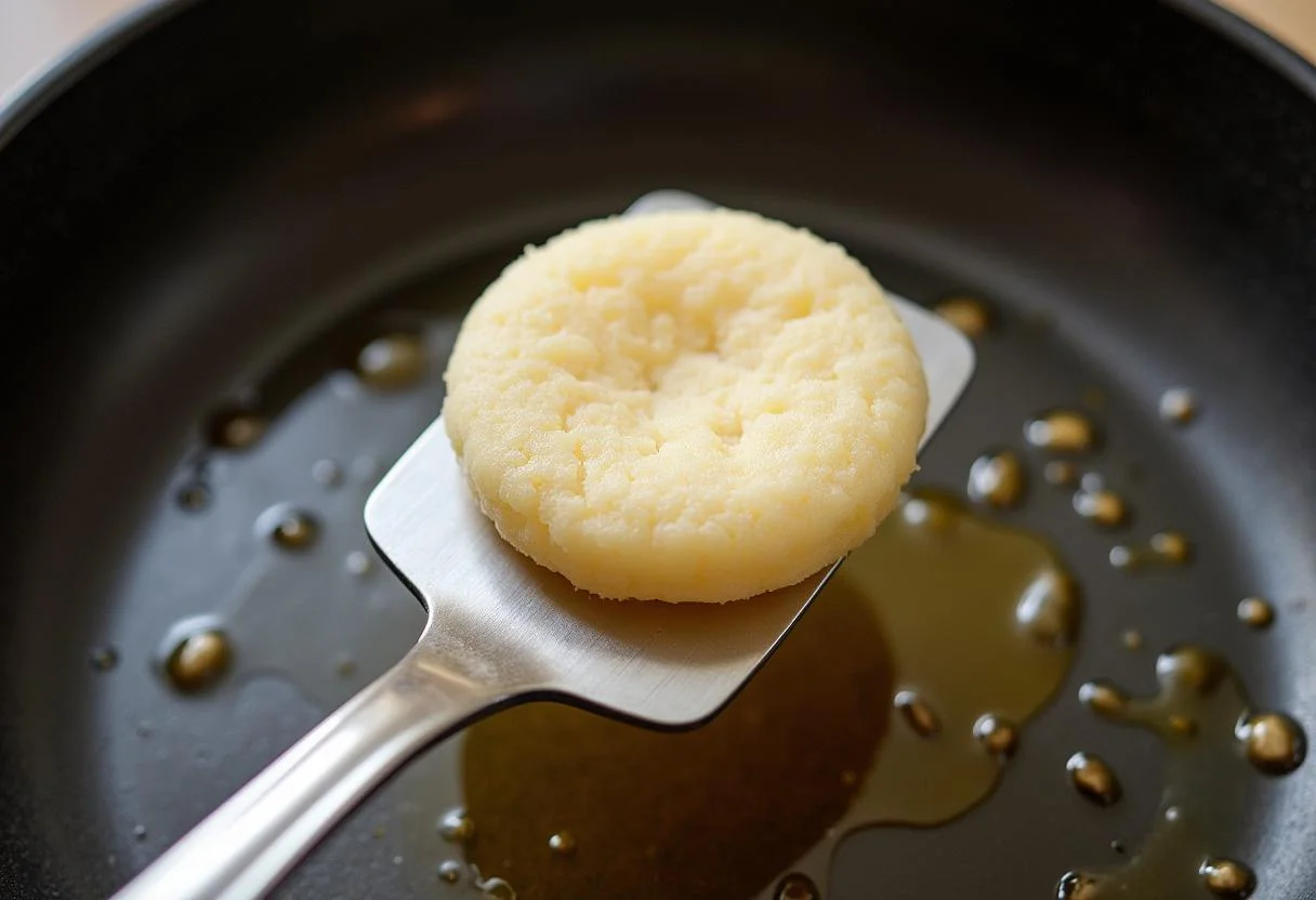 Fechando a tapioca recheada na frigideira, pronta para dourar.