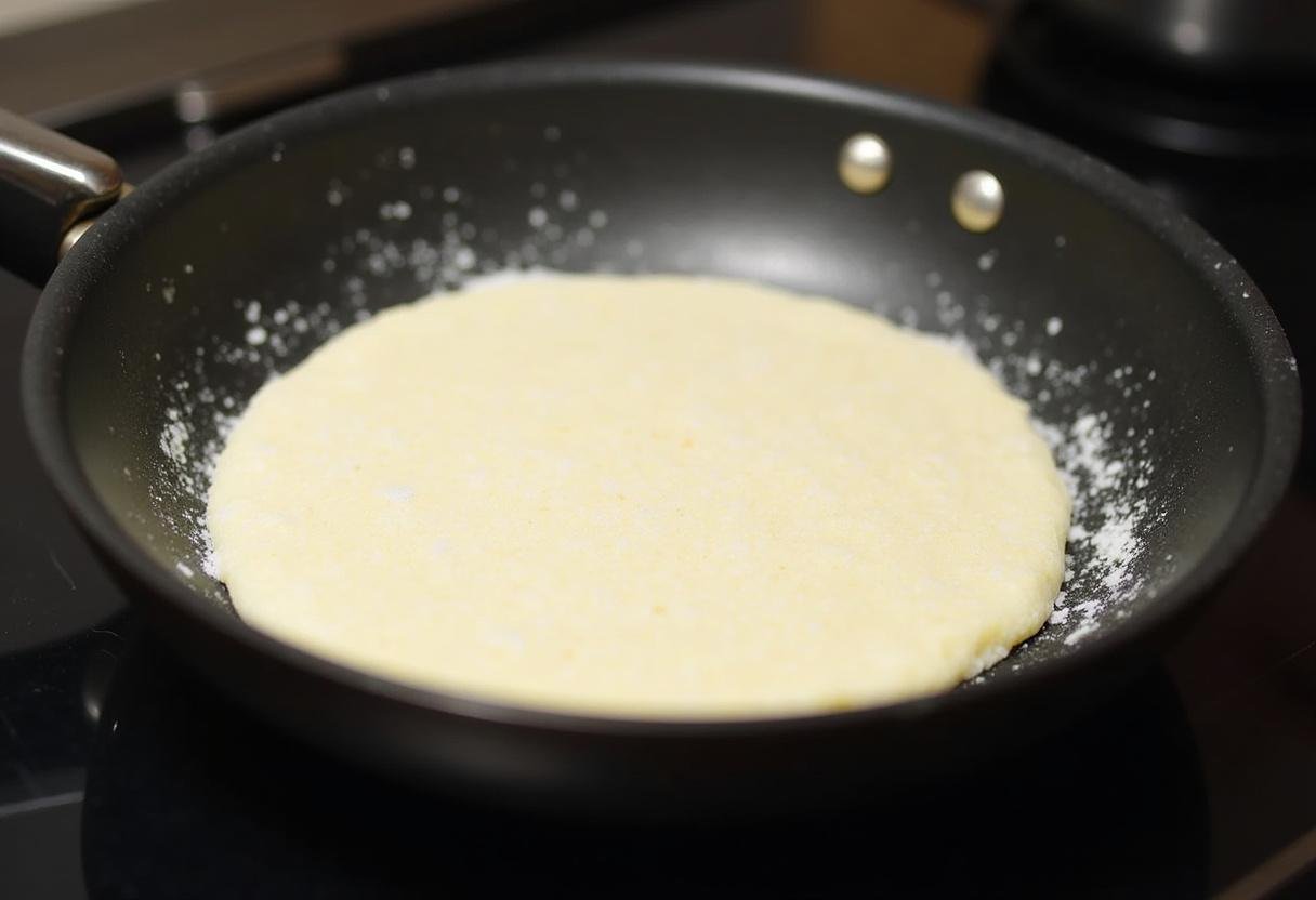 Tapioca flour being spread on a hot skillet for Tapioca Recheada.