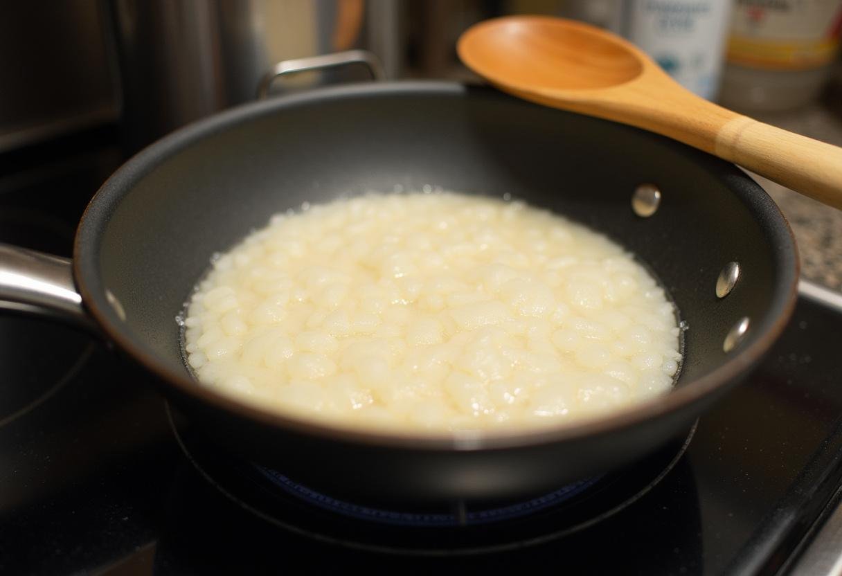 Frigideira antiaderente sendo pré-aquecida para o preparo da tapioca