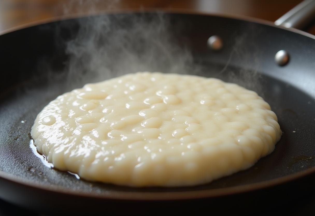 Massa de tapioca sendo espalhada na frigideira quente para cozinhar