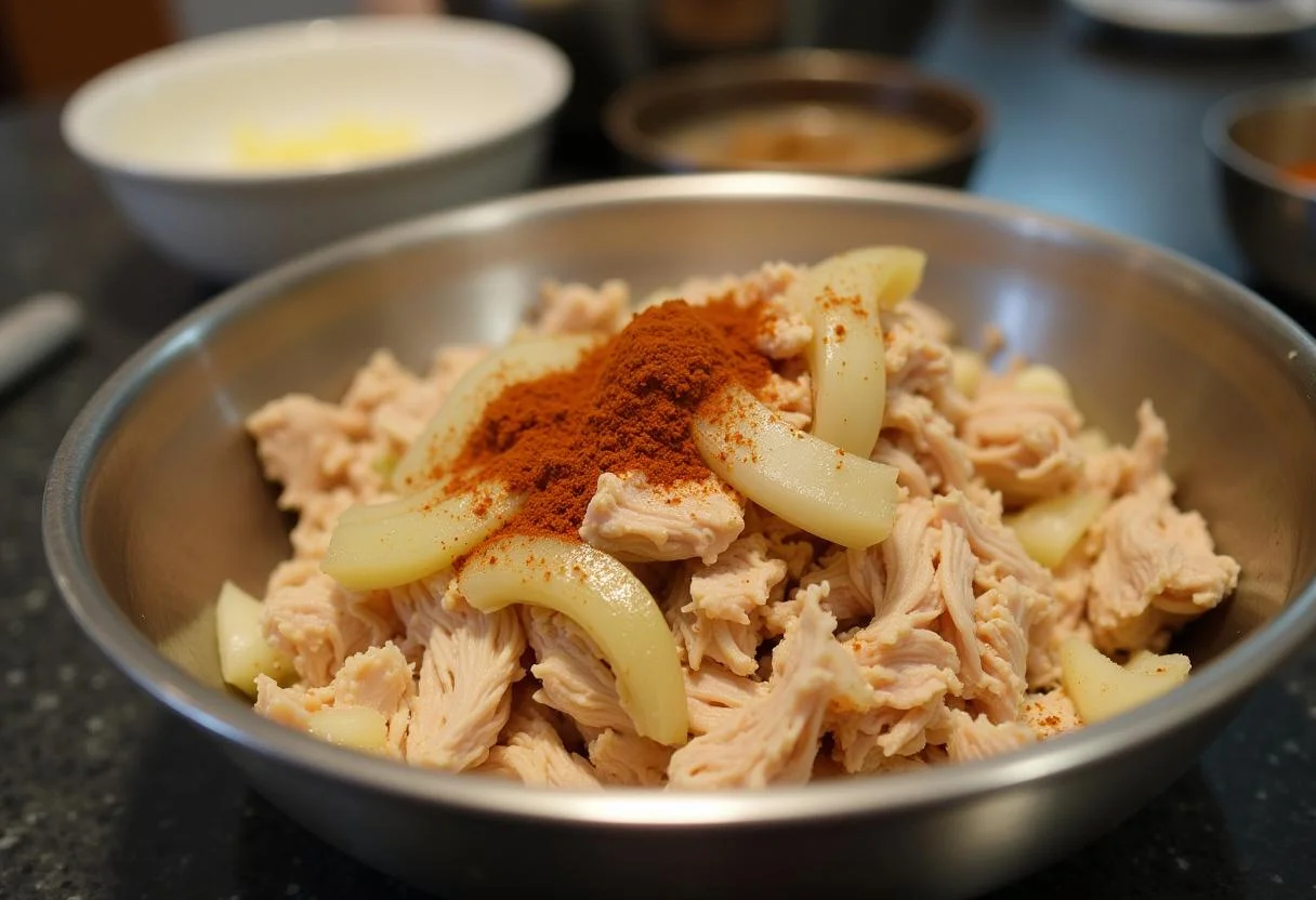Mistura de frango desfiado com cebolas e temperos para Torta de Frango com Catupiry.