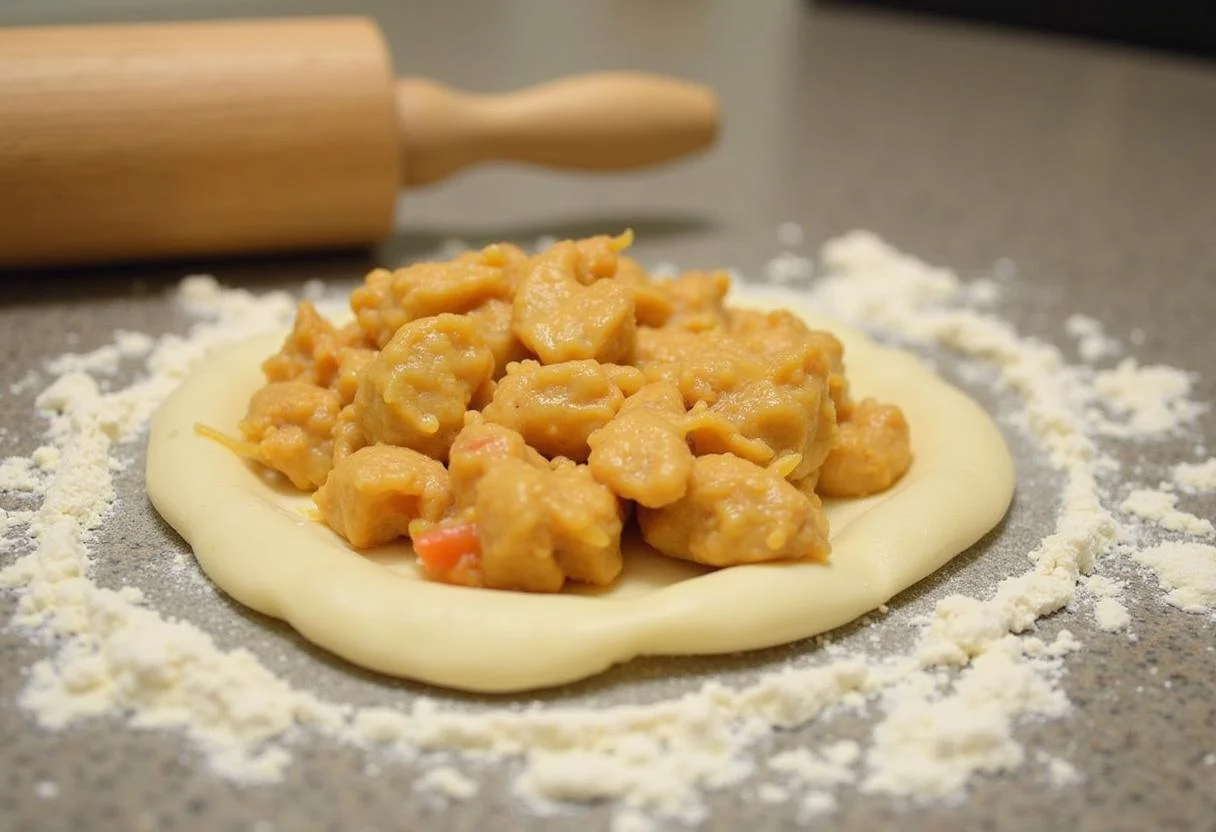 Preparação da base de torta com recheio de frango para Torta de Frango com Catupiry.
