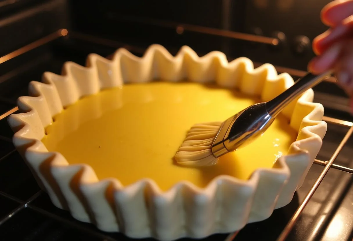 Massa de torta sendo pincelada com gema de ovo antes de ir ao forno.