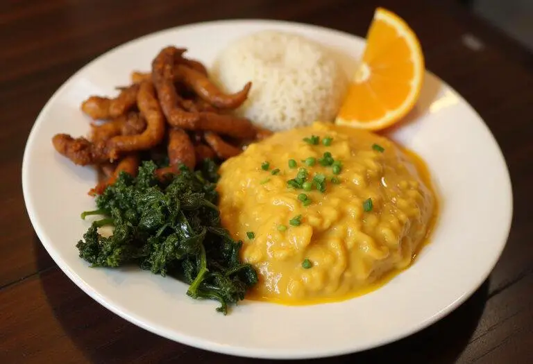 Tutu de Feijão cremoso servido com arroz branco, couve refogada e laranja, prato típico brasileiro.