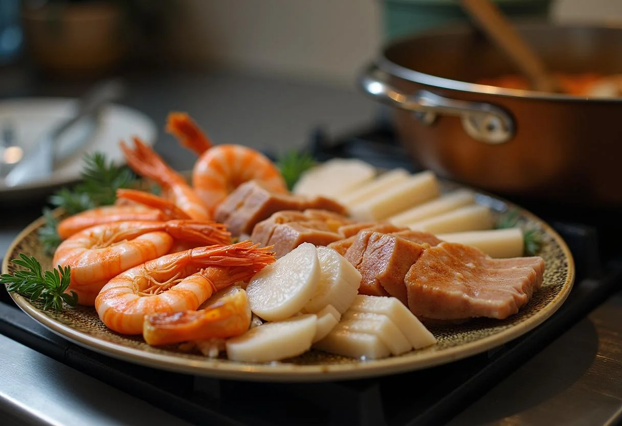 Preparando os frutos do mar para o vatapá baiano apimentado, incluindo camarões e filés de peixe.