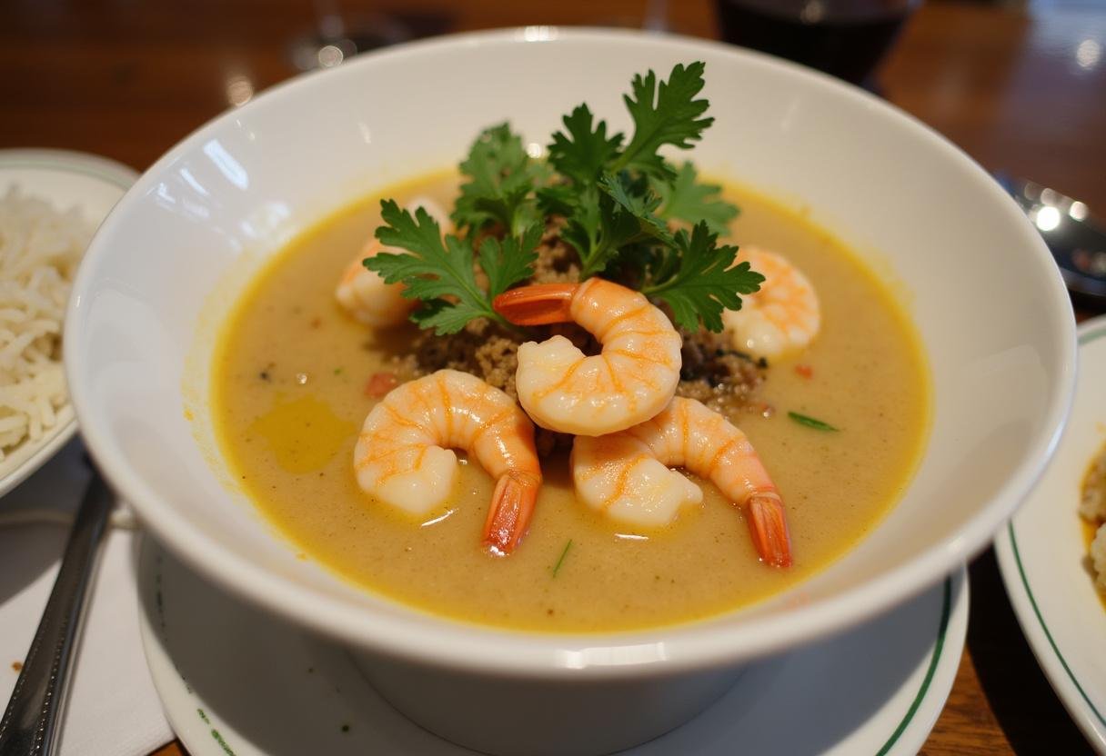 Vatapá Cremoso com Toque Divino finalizado, acompanhado de arroz branco e farofa, perfeito para uma refeição especial.