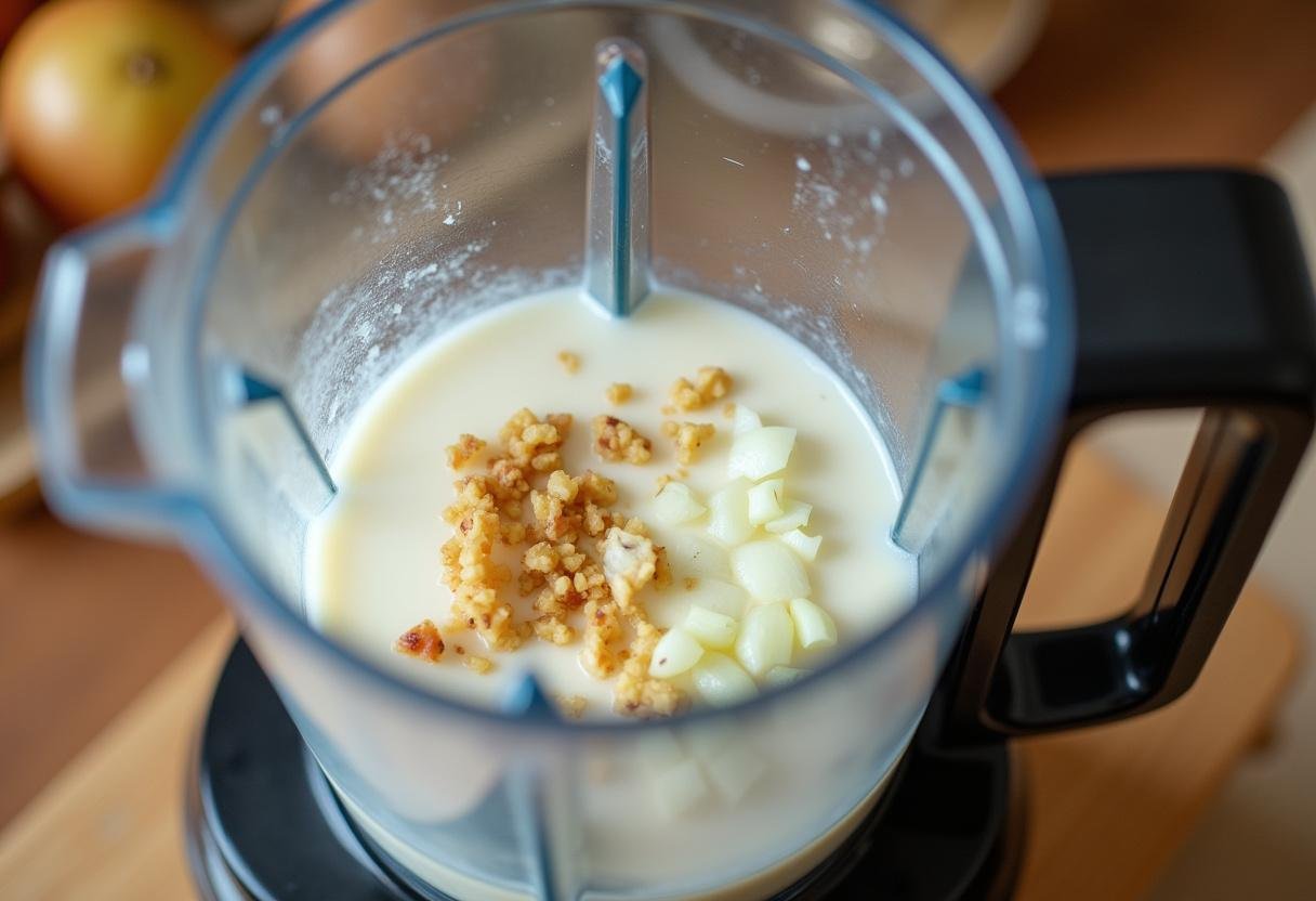 Ingredientes frescos como leite de coco, cebola, alho e gengibre no liquidificador para preparar o Vatapá Cremoso com Toque Divino.