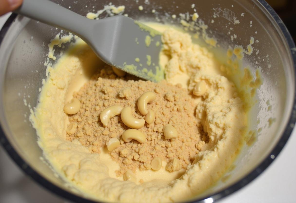 Mistura de castanha de caju e amendoim sendo combinada com o creme de coco para o Vatapá Cremoso.