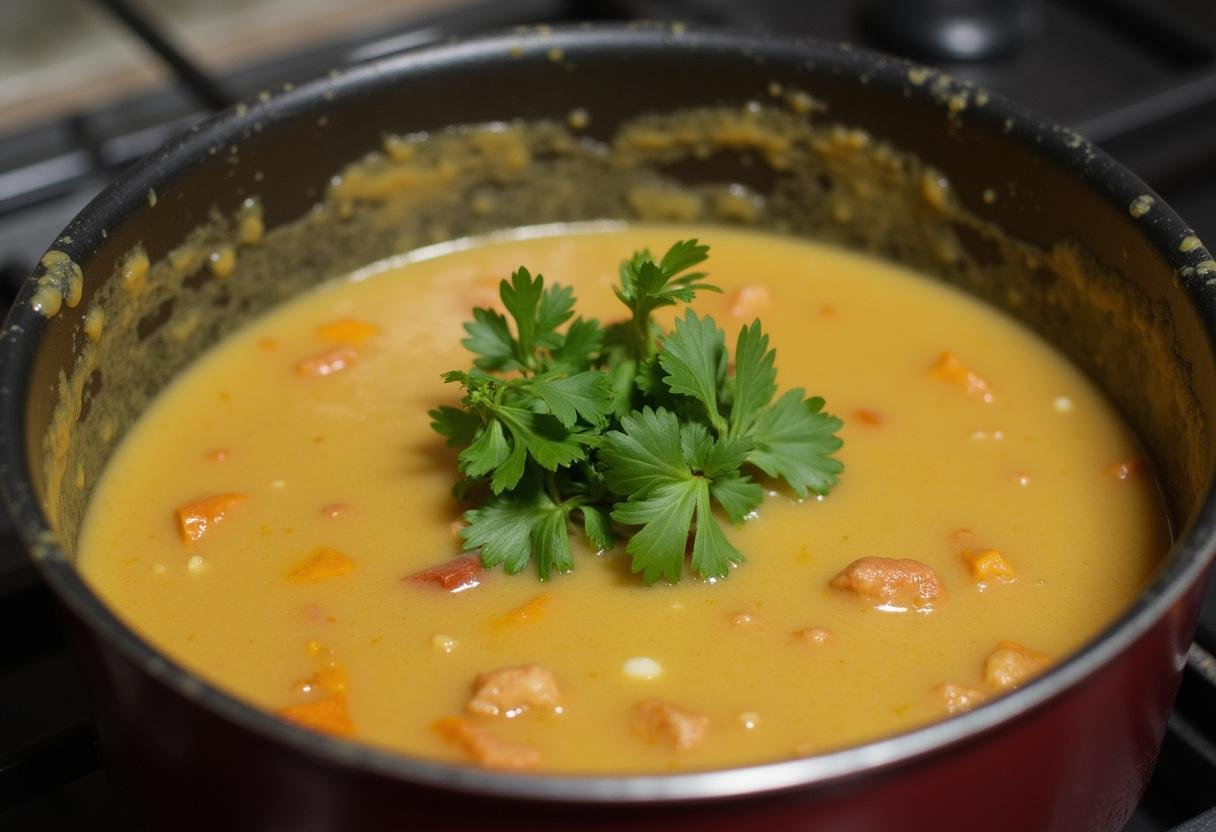 Panela no fogão com o Vatapá Cremoso cozinhando, finalizado com coentro fresco.
