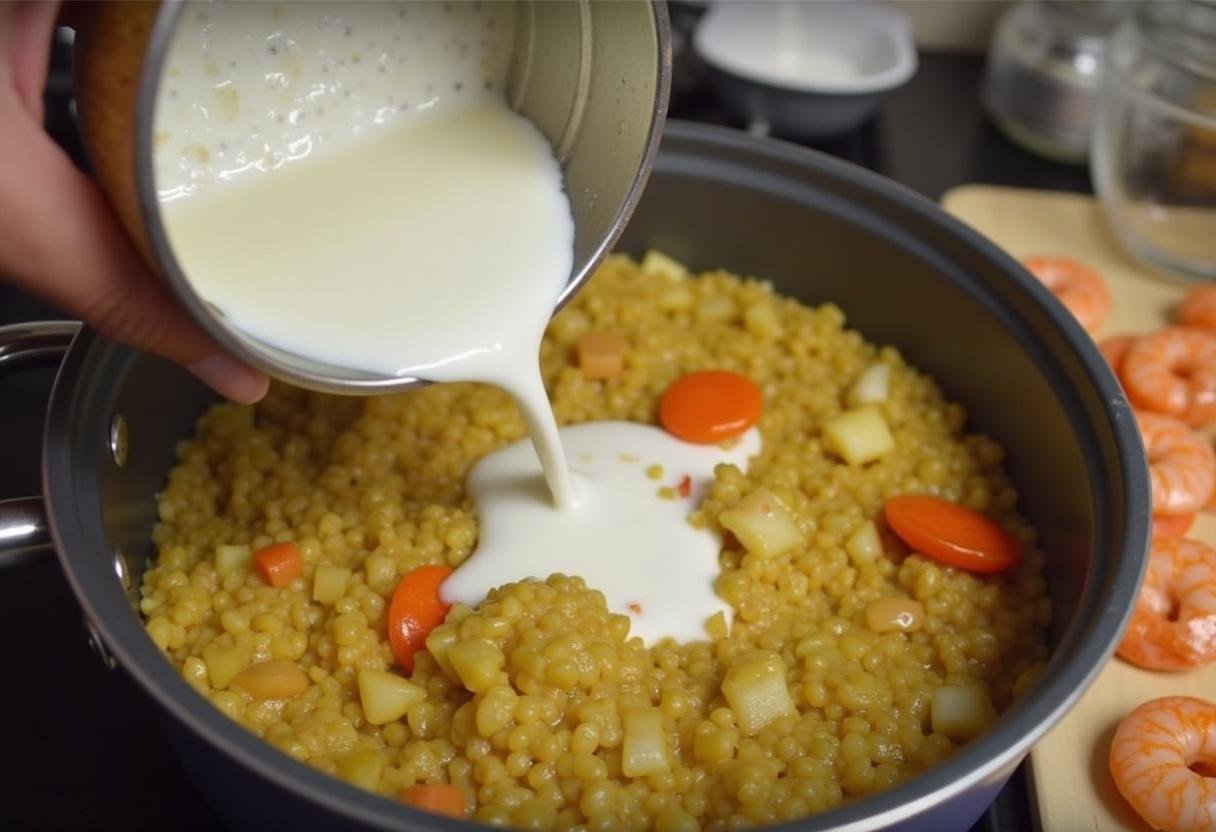 Pouring coconut milk into the mixture for Vatapá Cremoso com Toque Divino de Camarão.
