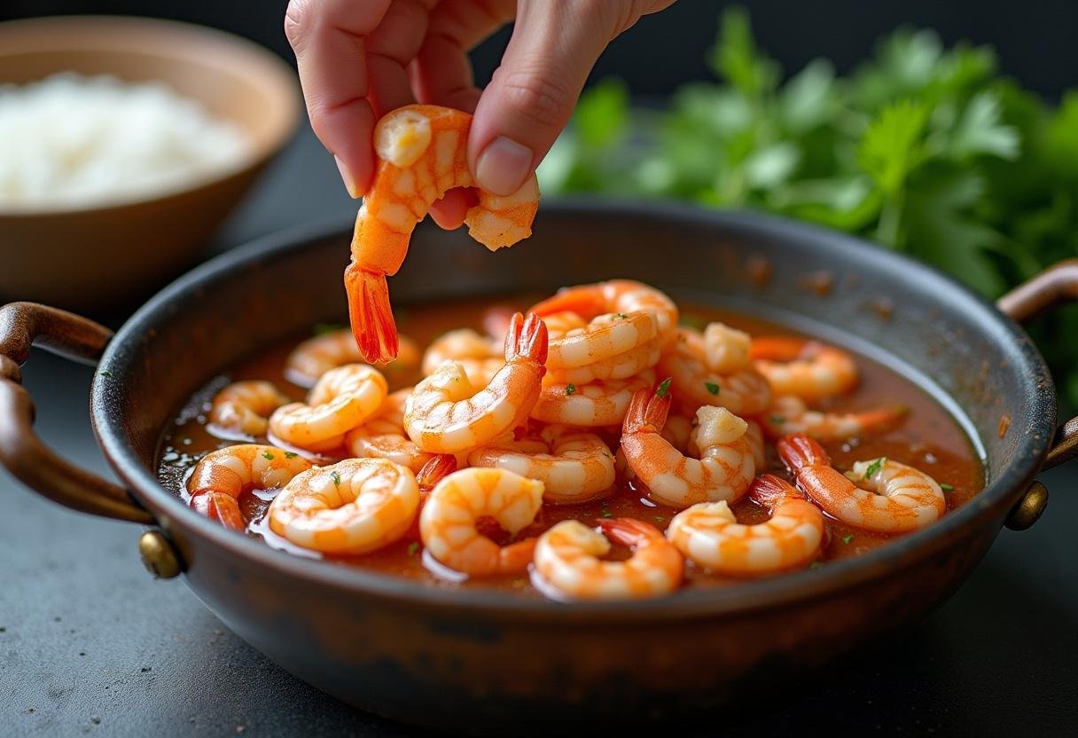 Adding fresh shrimp to the Vatapá mixture, infusing flavors for a delicious dish.
