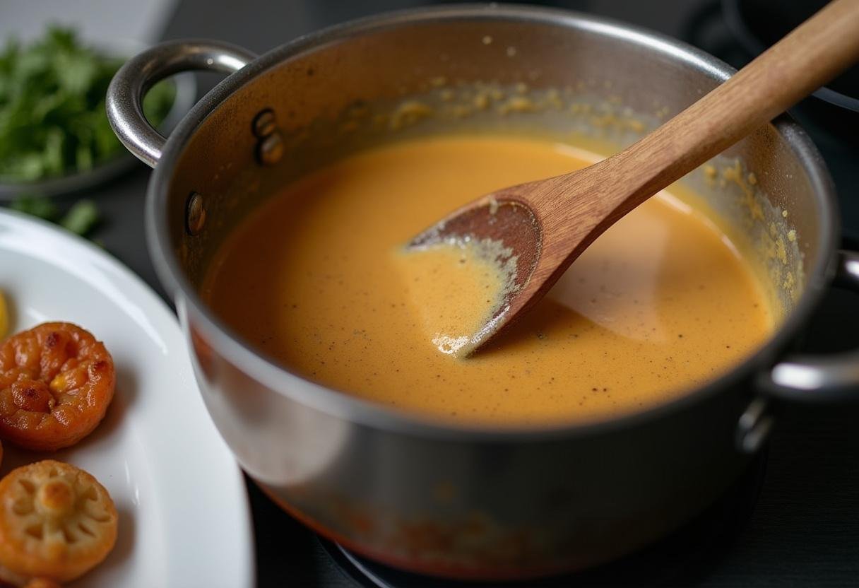 Stirring the creamy Vatapá before serving, ensuring even consistency.