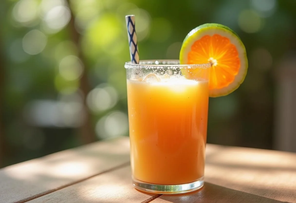 Vitamina de mamão havai finalizada em um copo, perfeita para um dia ensolarado.