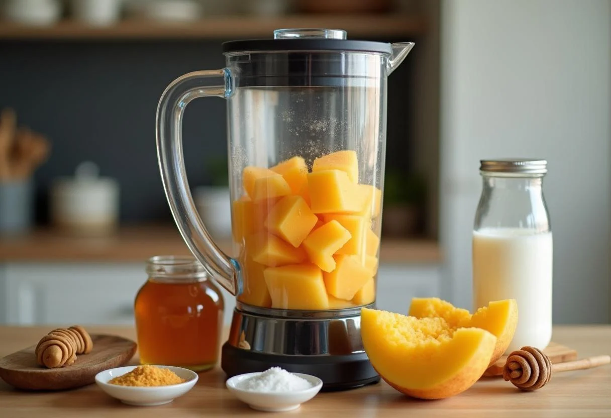 Cubos de mamão havai prontos para serem batidos na vitamina de mamão havai.