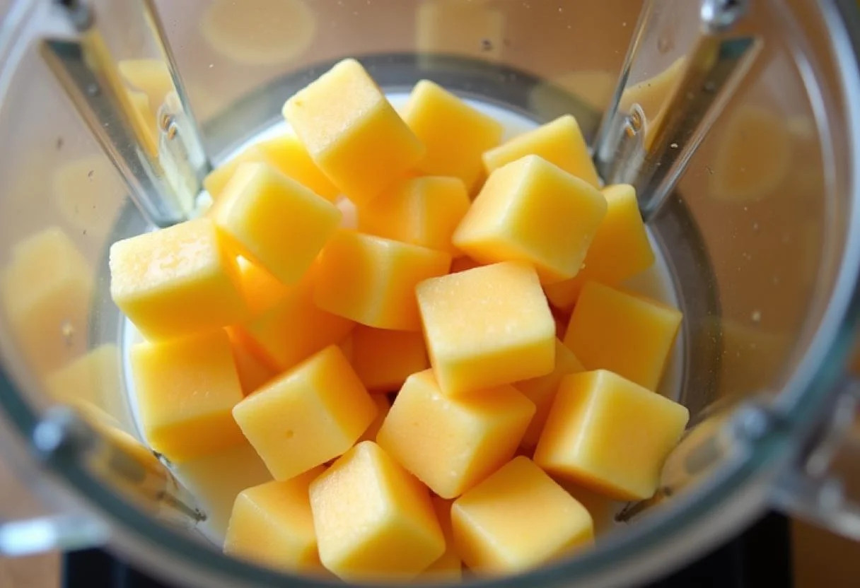 Mistura de mamão havai sendo batida com mel e leite na preparação da vitamina de mamão havai.