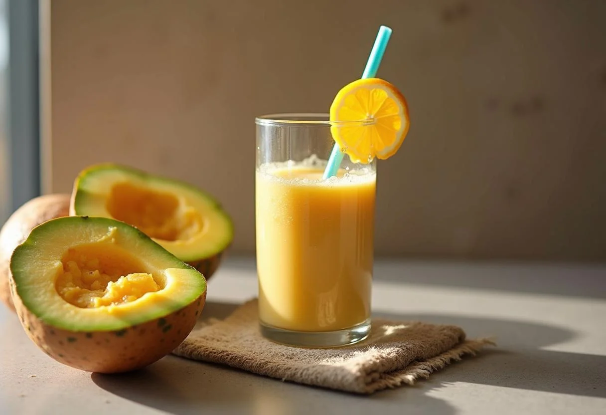 Vitamina de mamão havai sendo servido em um copo, com decoração de fatias de mamão havai.