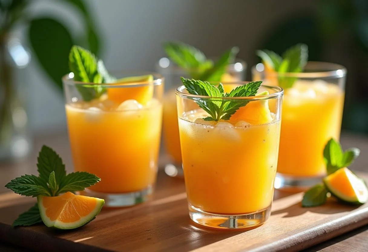 Mesa decorada com copos de vitamina de mamão havai prontos para serem servidos.