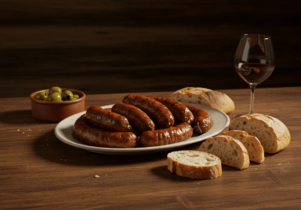 Prato principal de linguiça grelhada servido em uma mesa rústica com acompanhamentos tradicionais.