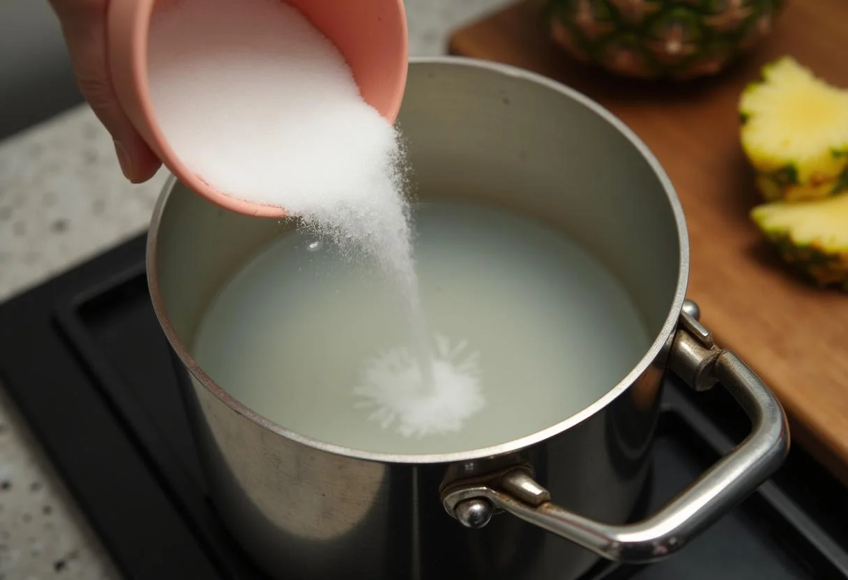 Mistura de açúcar e água sendo preparada para abacaxi cristalizado caseiro.