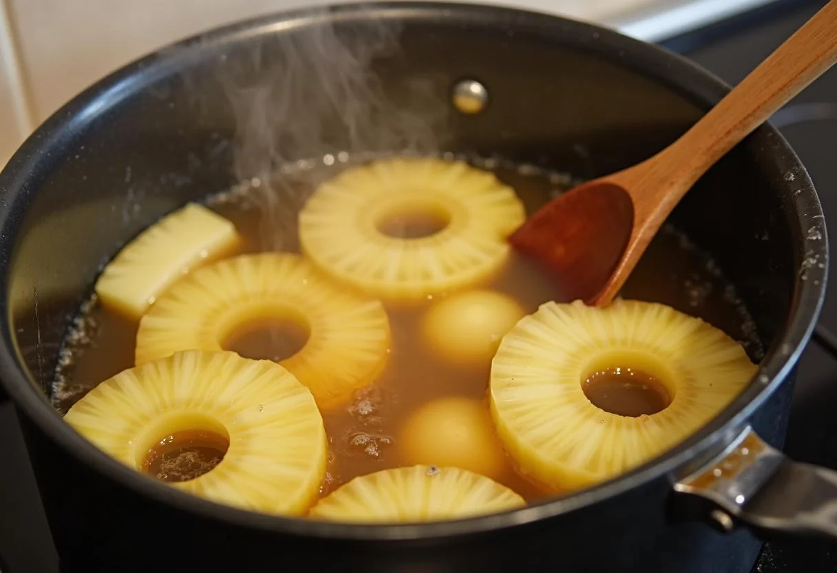 Fatias de abacaxi cozinhando em xarope para fazer abacaxi cristalizado.
