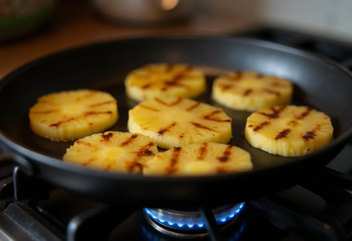 Fatias de abacaxi prontas para serem grelhadas para a receita de abacaxi com canela.