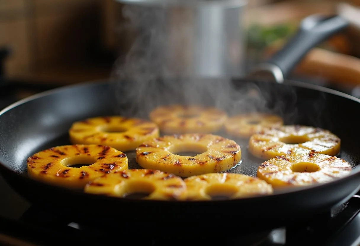Grelhando fatias de abacaxi para abacaxi com canela na frigideira.