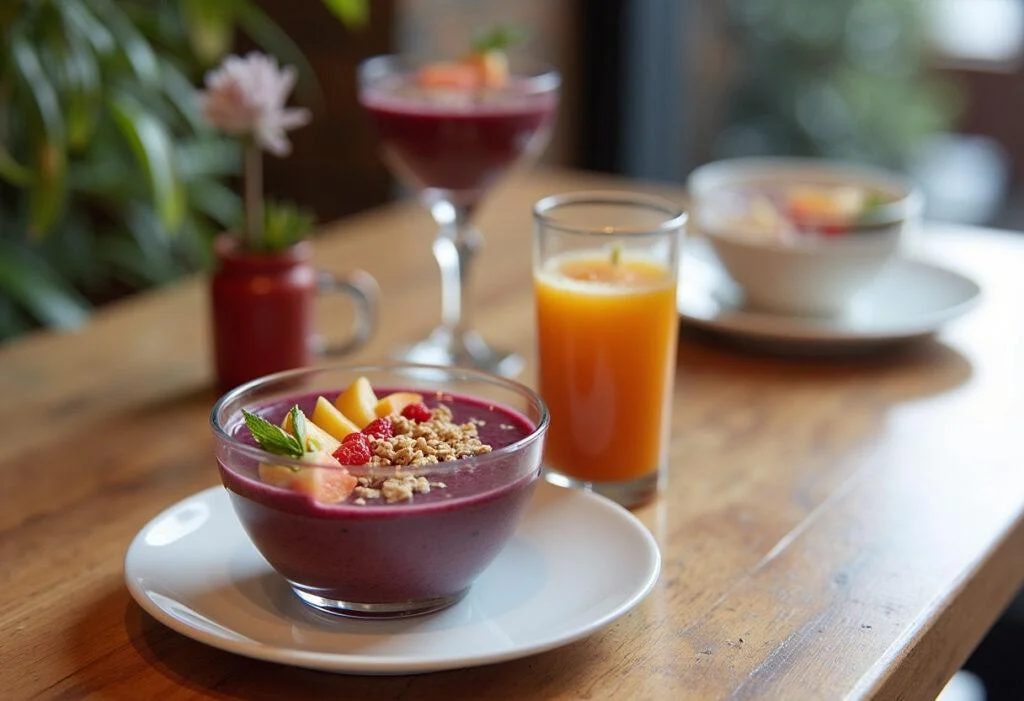 Copos de açaí com granola e frutas, perfeitos para um lanche saudável e refrescante.