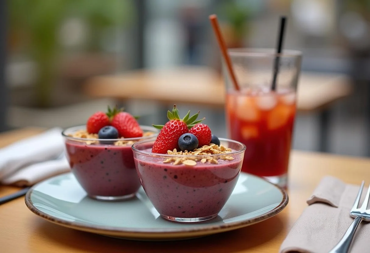 Copos de açaí com granola e frutas, perfeitos para um lanche saudável e refrescante.