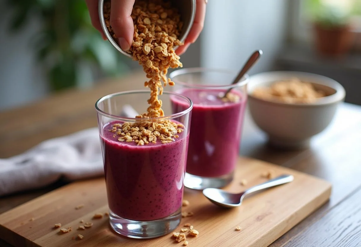 Granola sendo adicionada aos copos de açaí para uma textura crocante.